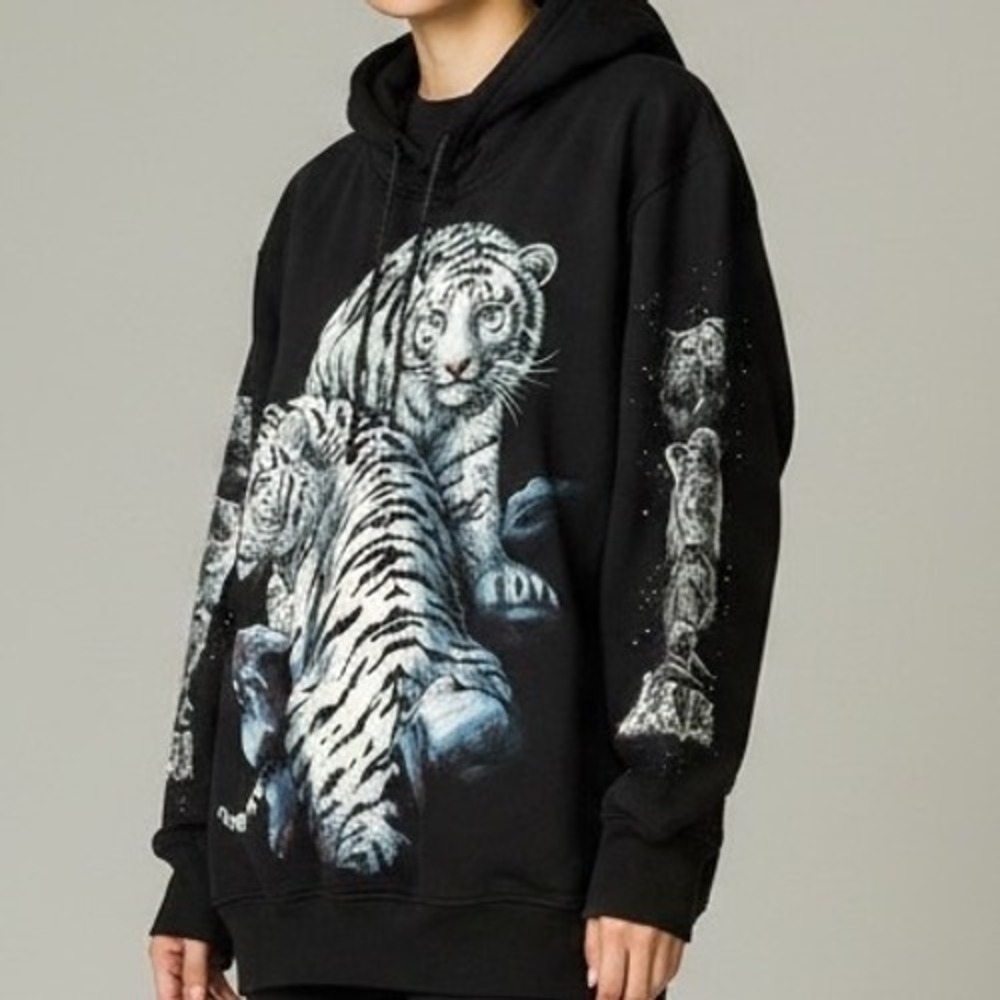 Hot Rock Mens Black White Tiger‎ Hoodie Sweatshirt M Y2K Street all over print